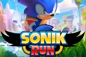 Un personaj albastru rapid pe fundalul unui peisaj colorat cu un logo mare cu textul „Sonik Run”