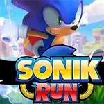 Un personaj albastru rapid pe fundalul unui peisaj colorat cu un logo mare cu textul „Sonik Run”