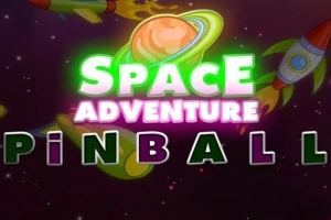 Text colorat cu titlul Space Adventure Pinball, un fundal spațial cu un inel planetar și rachete