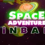 Text colorat cu titlul Space Adventure Pinball, un fundal spațial cu un inel planetar și rachete