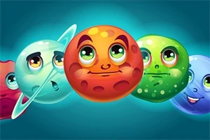 Planete animate cu fețe zâmbitoare și expresii colorate pe un fundal albastru