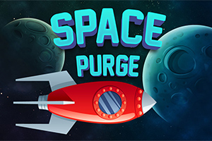 O rachetă roșie cu aripi argintii în fața a două planete verzi, cu textul albastru „SPACE PURGE” deasupra