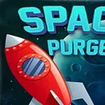 O rachetă roșie cu aripi argintii în fața a două planete verzi, cu textul albastru „SPACE PURGE” deasupra