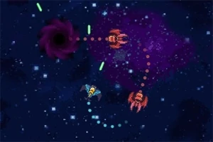 Nave spațiale colorate zboară și trag proiectile într-un spațiu cosmic plin de stele și un vortex negru