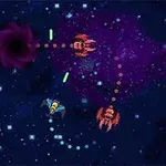 Nave spațiale colorate zboară și trag proiectile într-un spațiu cosmic plin de stele și un vortex negru