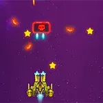 Nava spațială galbenă în spațiu, înconjurată de stele și obiecte roșii incandescente pe un fundal mov
