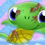 Broască țestoasă animată cu ochi mari și pete de noroi pe carapace, pe un fundal colorat diagonal