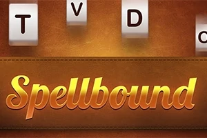 Cuvinte Spellbound în litere aurii pe un fundal maro, cu litere albe T, V, D și O deasupra