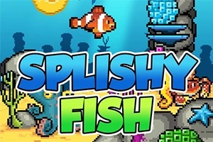 Peisaj subacvatic pixel art cu un pește clown și elemente marine colorate, cu text mare „Splishy Fish”