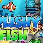 Peisaj subacvatic pixel art cu un pește clown și elemente marine colorate, cu text mare „Splishy Fish”