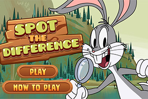 Personaj animat iepure ținând o lupă, cu texte Spot the Difference și butoane Play și How to Play pe fundalul unui peisaj cu copaci