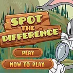 Personaj animat iepure ținând o lupă, cu texte Spot the Difference și butoane Play și How to Play pe fundalul unui peisaj cu copaci