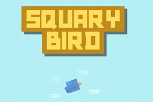 Textul Squary Bird scris cu font pixelat pe un fundal bleu deschis, cu o pasăre albastră stilizată și cuvintele TAP repetate