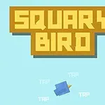 Textul Squary Bird scris cu font pixelat pe un fundal bleu deschis, cu o pasăre albastră stilizată și cuvintele TAP repetate