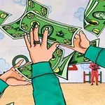 Mâini întinse capturează bancnote verzi care plutesc în aer, având în fundal persoane îmbrăcate în salopete roșii