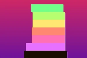Un turn format din blocuri colorate vibrant, incluzând verde, galben, portocaliu și roz, pe un fundal gradient mov