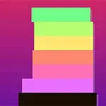 Un turn format din blocuri colorate vibrant, incluzând verde, galben, portocaliu și roz, pe un fundal gradient mov
