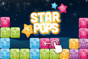 Blocuri colorate cu fețe zâmbitoare și titlu Star Pops pe un fundal de noapte cu stele