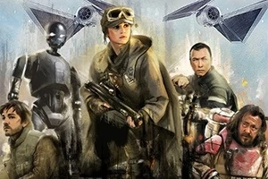 Cinci personaje îmbrăcate în stil science fiction, cu două nave spațiale zburând în fundal