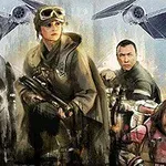 Cinci personaje îmbrăcate în stil science fiction, cu două nave spațiale zburând în fundal