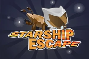 Un personaj mic cu o cască futuristă și un animal cu coarne mici sunt ilustrați deasupra textului Starship Escape, pe un fundal albastru închis cu stele
