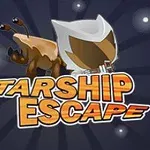 Un personaj mic cu o cască futuristă și un animal cu coarne mici sunt ilustrați deasupra textului Starship Escape, pe un fundal albastru închis cu stele