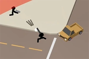 Două figuri stilizate negre, una cu o pălărie roșie, ținând arme, se mișcă pe un trotuar lângă o intersecție, alături de o mașină galbenă