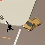 Două figuri stilizate negre, una cu o pălărie roșie, ținând arme, se mișcă pe un trotuar lângă o intersecție, alături de o mașină galbenă