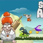 Personaj preistoric cu un dinozaur și pasăre pe un fundal montan, monede aurii și titlul Stone Aged scris cu litere mari de piatră