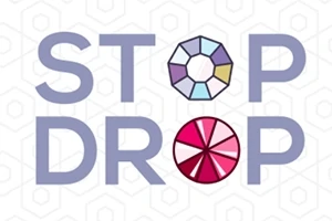 Text albastru STOP DROP cu literele O reprezentate ca diagrame colorate pe fundal geometric