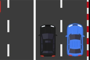 Două mașini, una neagră și una albastră, sunt așezate pe piste paralele de curse, cu linii albe și marcaje rutiere roșii și albe în partea dreaptă