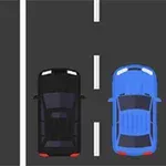 Două mașini, una neagră și una albastră, sunt așezate pe piste paralele de curse, cu linii albe și marcaje rutiere roșii și albe în partea dreaptă
