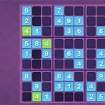 O grilă de puzzle împărțită în secțiuni, cu numere albastre și verzi pe un fundal mov