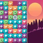 Grilă colorată cu forme geometrice și simboluri diverse, având un fundal cu un apus stilizat și siluete de copaci