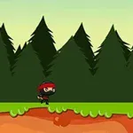 Un personaj ninja mic și desenat, cu mască neagră și bandană roșie, pe fundalul unei păduri de brazi sub un cer deschis