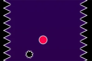 Un cerc roșu pe un fundal violet, între margini zimțate albe și o stea neagră