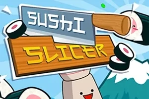 Un cuțit de bucătărie și bucăți de sushi cu fețe zâmbitoare pe un fundal albastru deschis