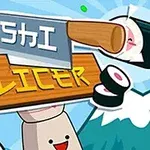 Un cuțit de bucătărie și bucăți de sushi cu fețe zâmbitoare pe un fundal albastru deschis