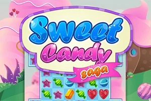 Imaginea prezintă un ecran colorat cu dulciuri și forme de bomboane sub un banner cu text stilizat Sweet Candy Saga