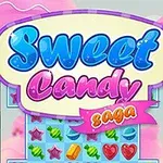 Imaginea prezintă un ecran colorat cu dulciuri și forme de bomboane sub un banner cu text stilizat Sweet Candy Saga