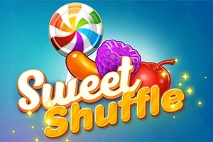 Acadea colorată și fructe strălucitoare, incluzând o zmeură violet și o cireașă roșie, alături de textul Sweet Shuffle pe un fundal albastru