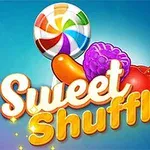 Acadea colorată și fructe strălucitoare, incluzând o zmeură violet și o cireașă roșie, alături de textul Sweet Shuffle pe un fundal albastru