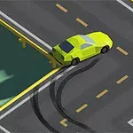 O mașină galbenă derapează pe un drum curbat, lăsând urme de cauciuc pe asfalt
