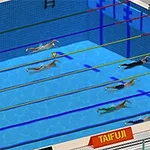 Mai mulți înotători compunând o competiție într-o piscină cu linii de delimitare colorate