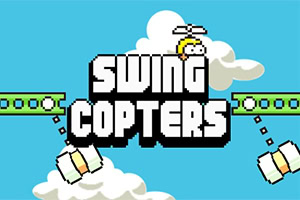 Text alb „SWING COPTERS” pe un fundal albastru deschis cu nori și elice, înconjurat de bare verzi și obstacole mobile