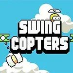 Text alb „SWING COPTERS” pe un fundal albastru deschis cu nori și elice, înconjurat de bare verzi și obstacole mobile