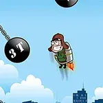 Un personaj animat cu jetpack zboară între două clădiri, evitând o bilă grea suspendată