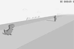 Dinozaur pixelat și cactusuri pe un fundal monocromat, cu nori în depărtare