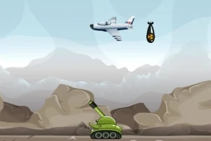 Un tanc verde țintește un avion alb care aruncă o bombă într-un peisaj montan