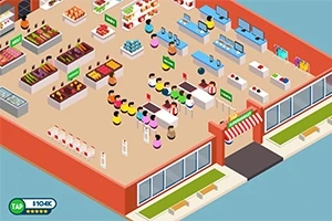 Un supermarket văzut dintr-o perspectivă isometrică, cu clienți colorați, rafturi pline de produse și case de marcat
